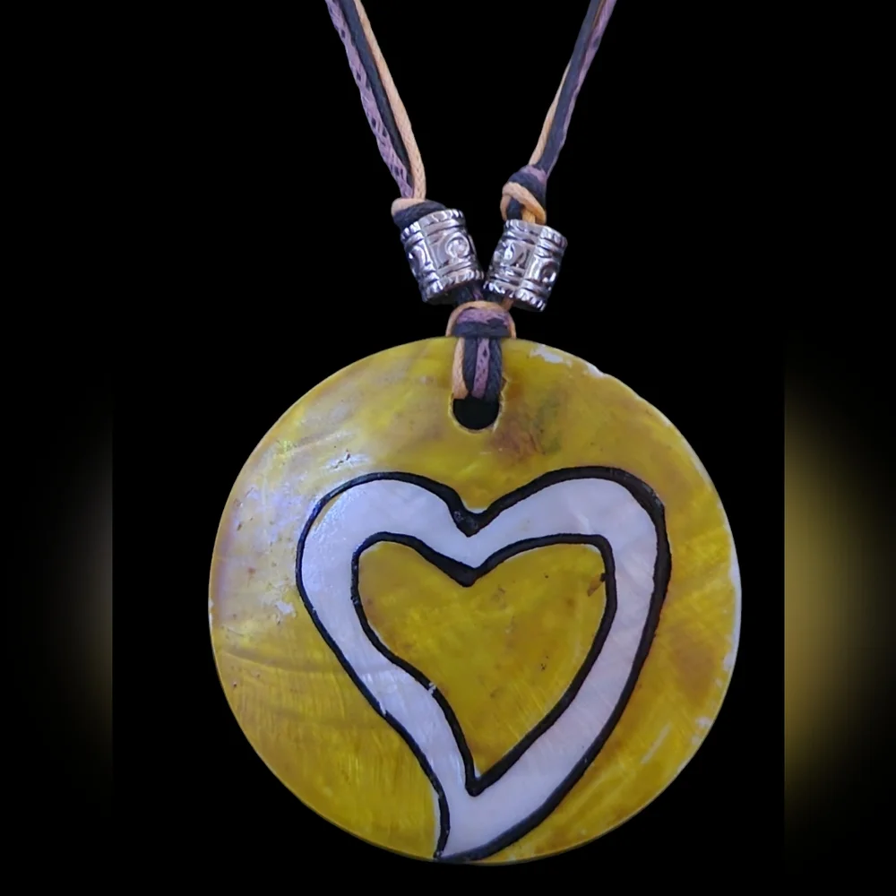 Hand Painted Yellow Heart Shell Coin Statement Artisan Made Necklace & Earrings - Picture 12 of 16